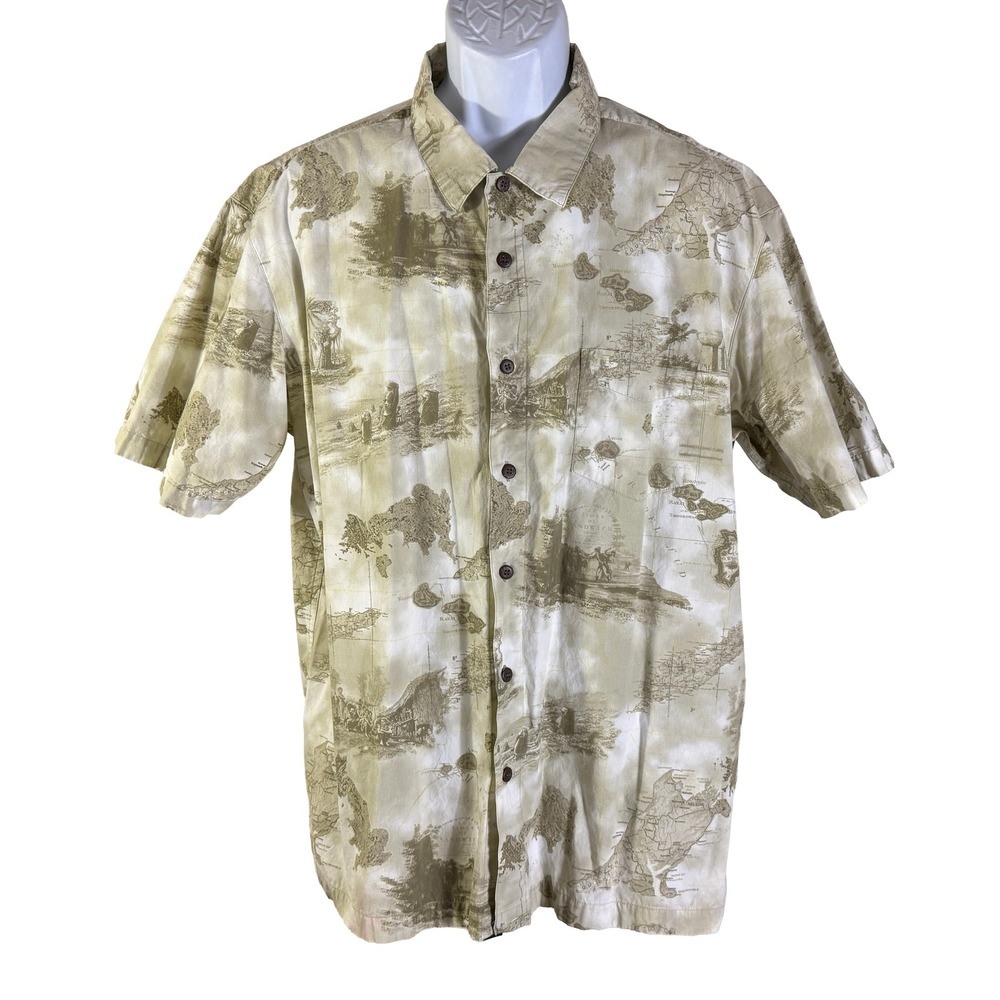 Trader Bay Button Front Shirt Mens XL Tan Map Tropical Island Print Cotton S/S